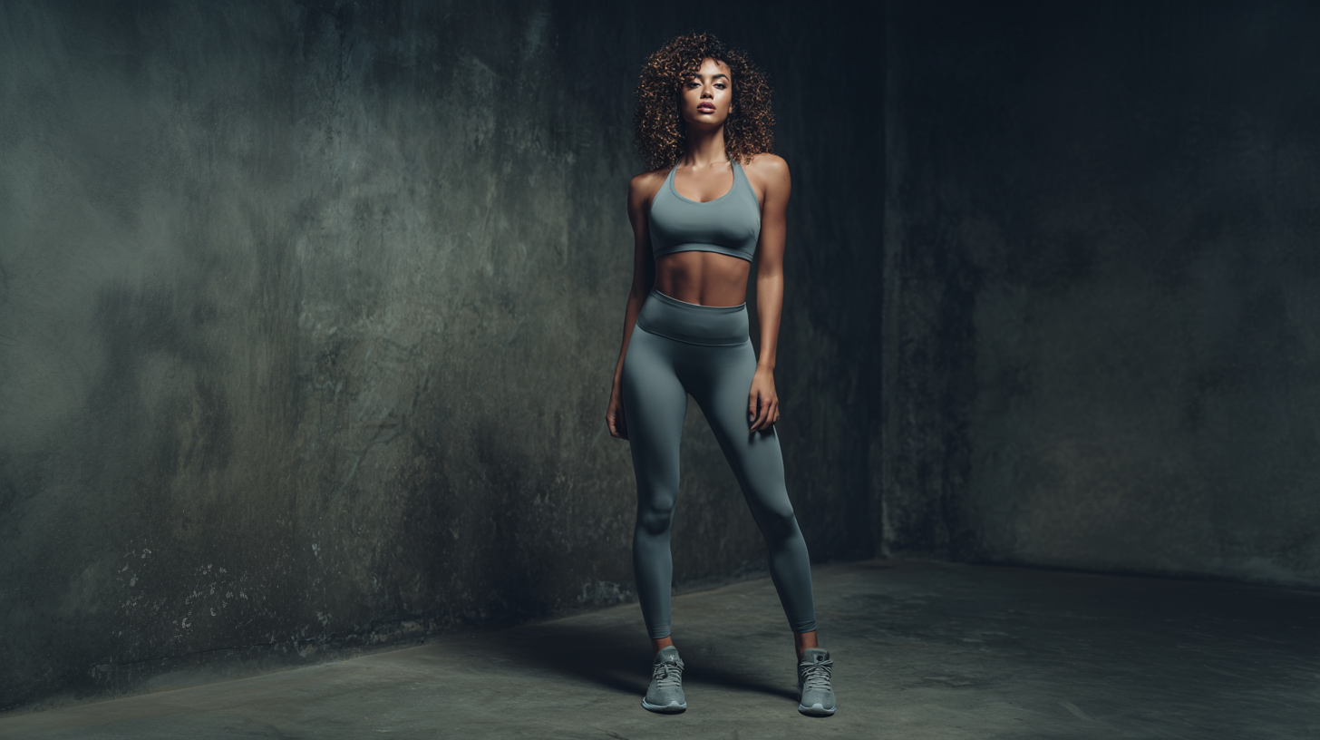 Woman in athletic wear standing in a dark room